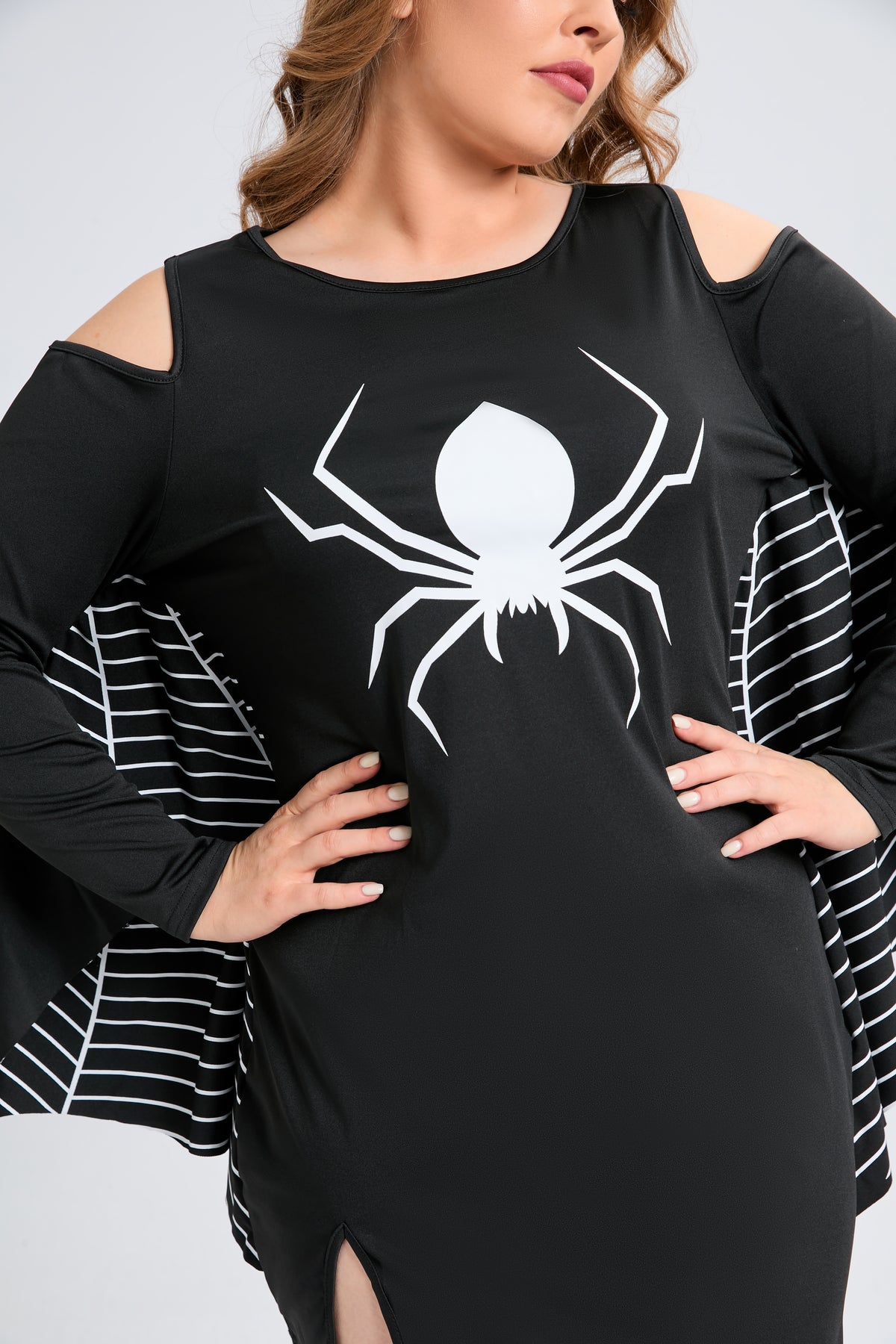Halloween Costumes Black Spider Print Cold Shoulder Mini Dress (Only Dress)(Ships 24h)