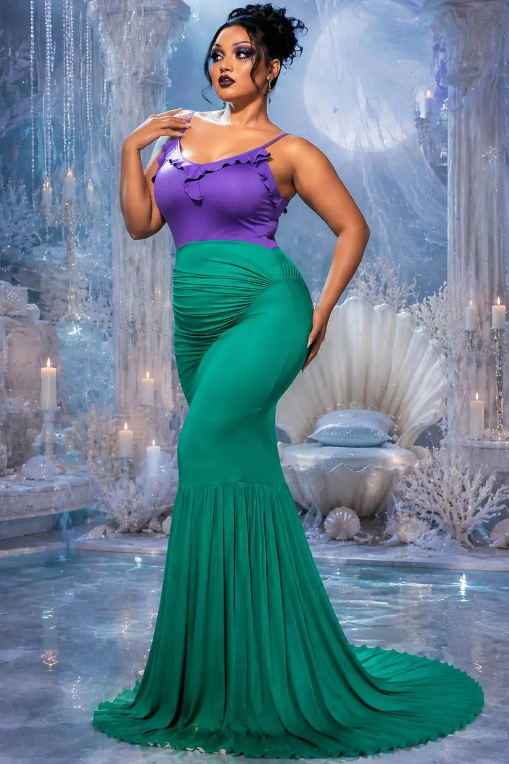 Halloween Costume Green Mermaid Sleeveless Patchwork Knitted Maxi Dress(Ships 24h)
