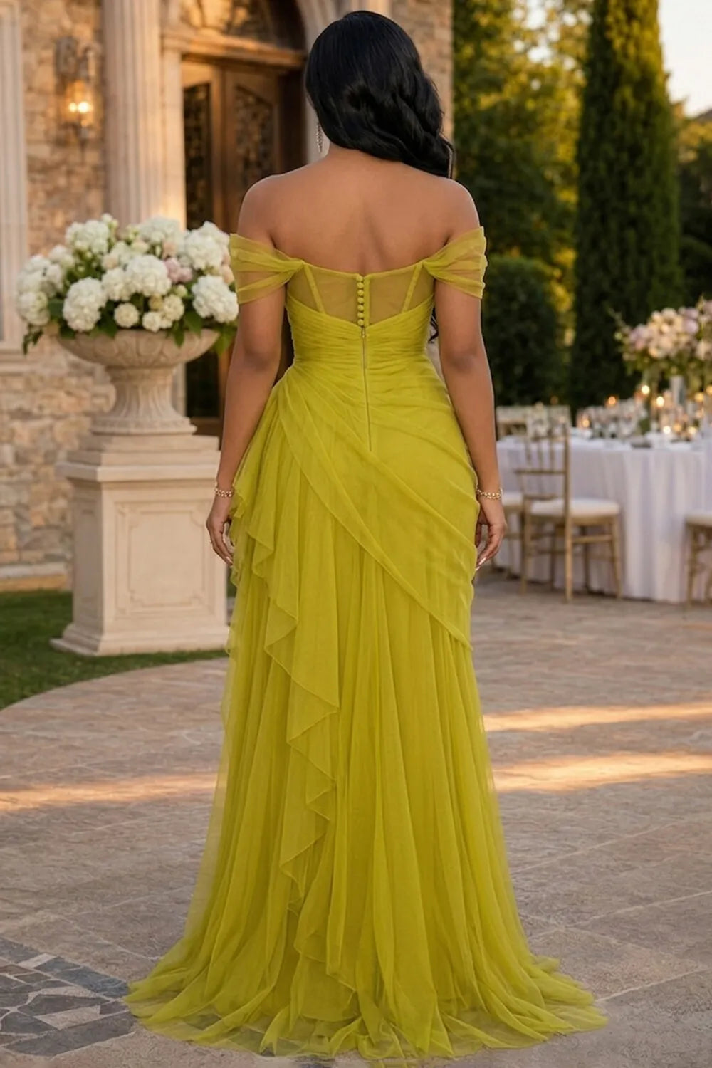 Off Shoulder Ruched Slit Mesh Wediing Maxi Dresses-Yellow [Pre Order]