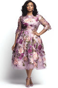 Cocktail Party Elegant Pink Floral Round Neck Half Sleeve See Through Tulle Midi Dresses
