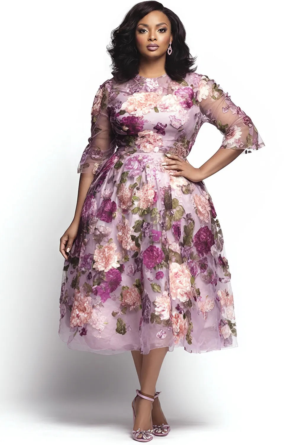 Cocktail Party Elegant Pink Floral Round Neck Half Sleeve See Through Tulle Midi Dresses