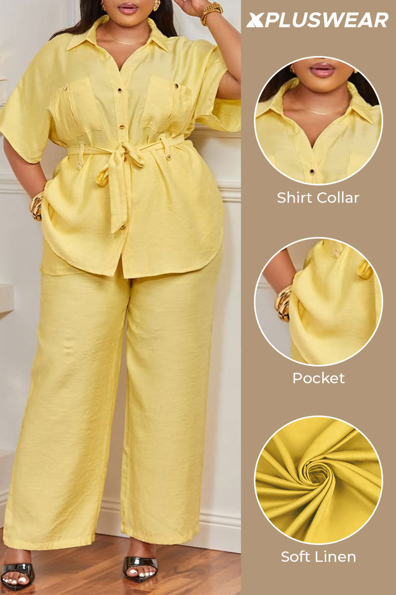 Plus Size Business Casual Casual Yellow Shirt Collar Short Sleeve Pocket Linen Two Piece Pant Sets