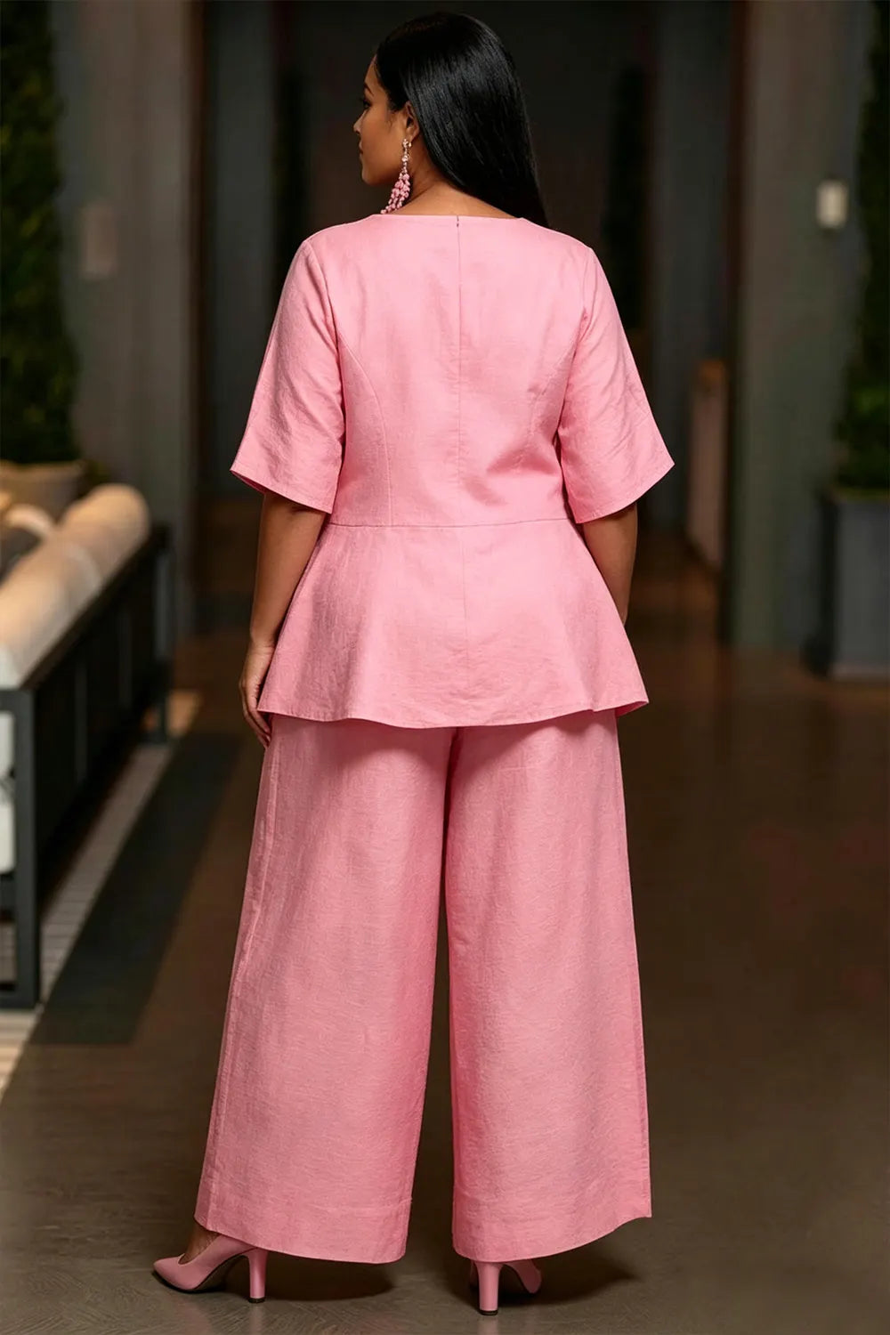 Business Casual Pink V Neck Short Sleeve Pleated Pocket Linen Two Piece Pant Sets