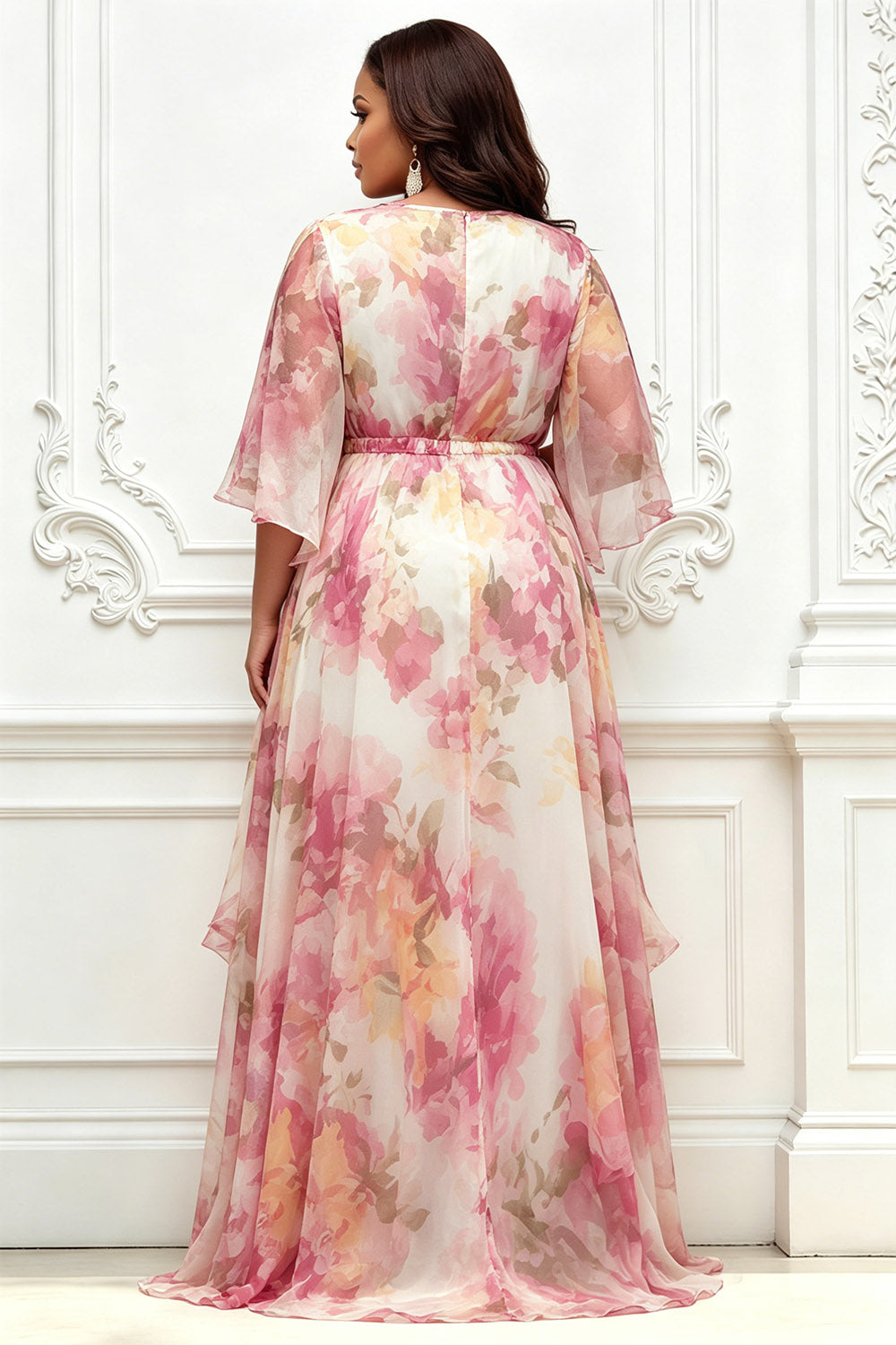 Pink Floral Round Neck Short Sleeve Ruffle Chiffon Maxi Dresses