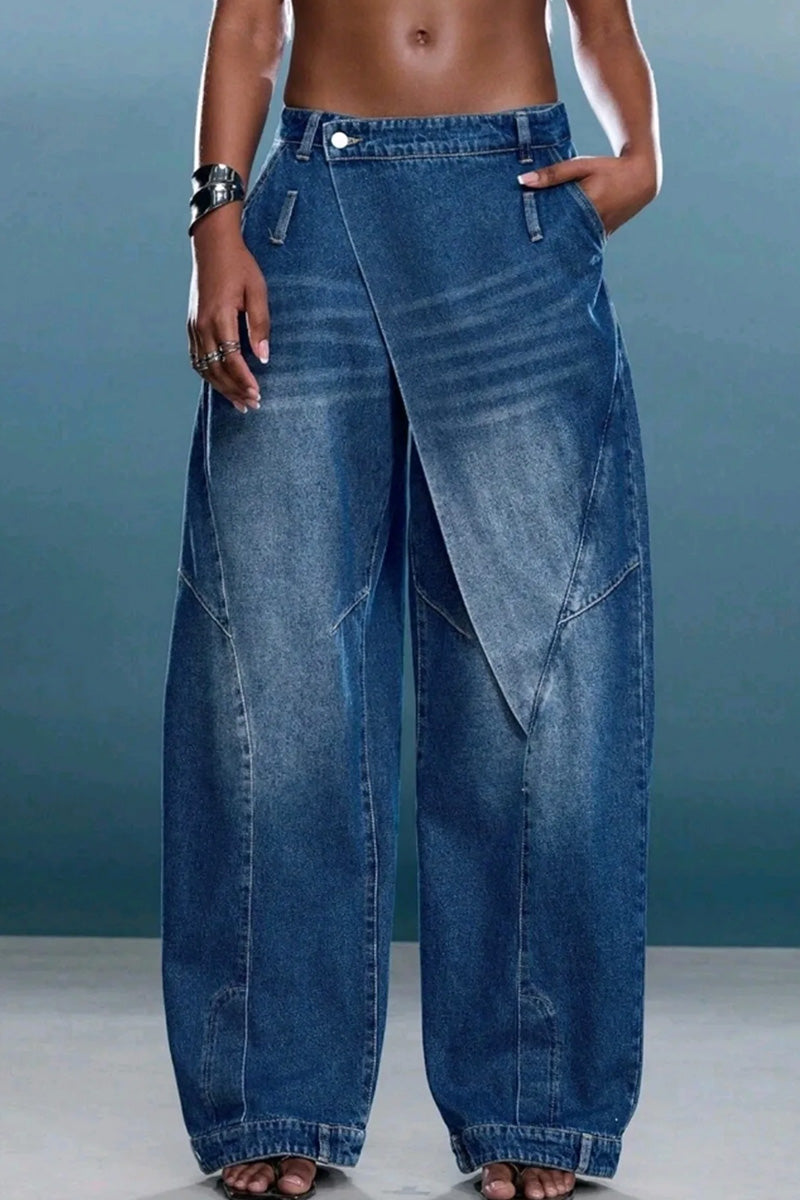Women High Waist Wrap Over Denim Pants Relaxed Barrel Leg Cuffed Hem Jeans