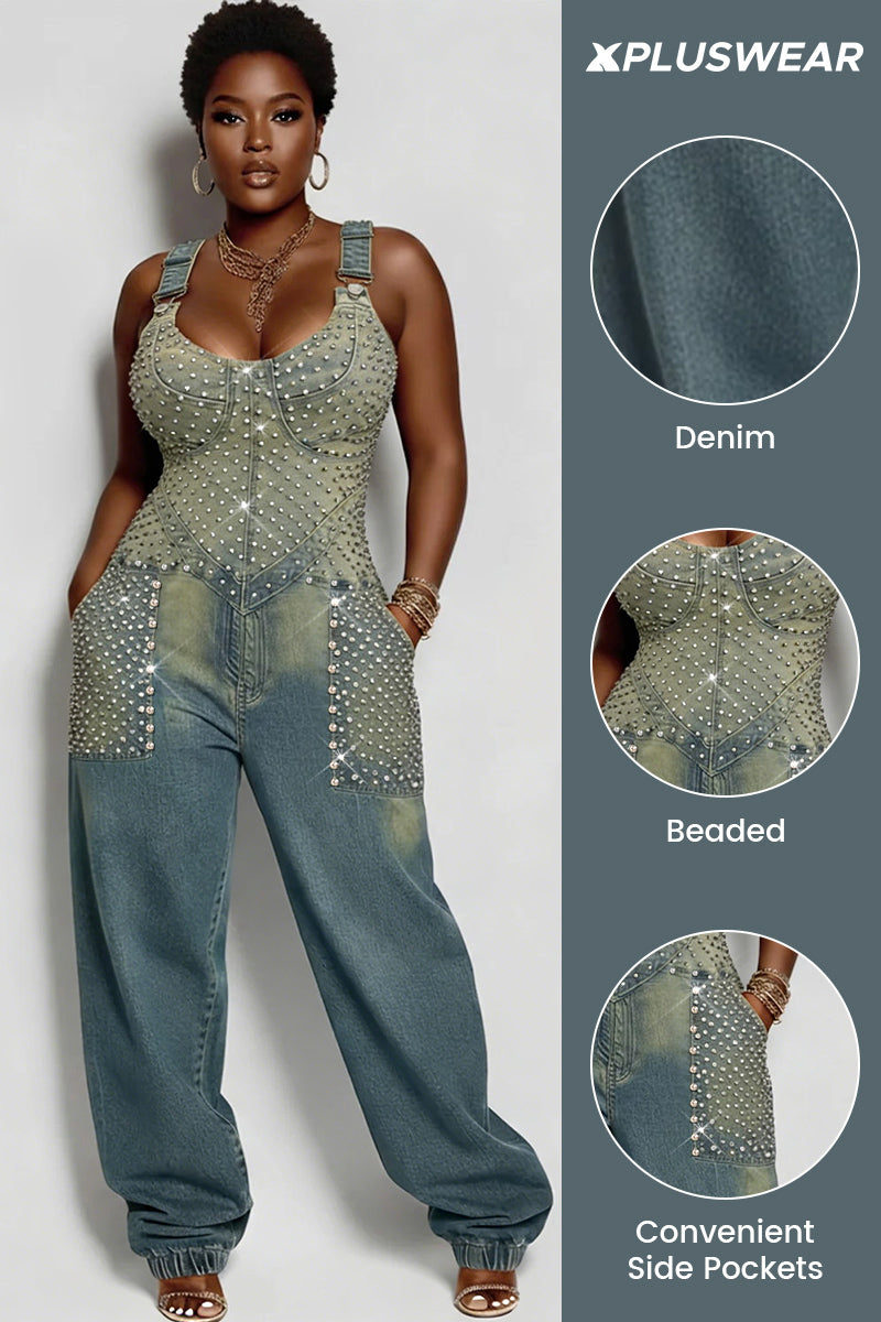 Xpluswear Design Plus Size Festival Light Blue Drilling Casual Denim Jumpsuits