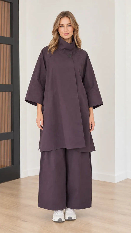 Women's High Neck Asymmetric Tunic Top and Wide Leg Pants Two-Piece Set