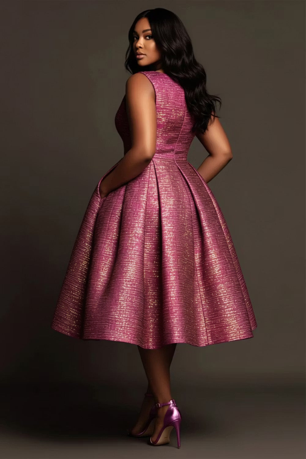 Cocktail Party Elegant Hot Pink V Neck Pocket Pleated Satin Midi Dresses