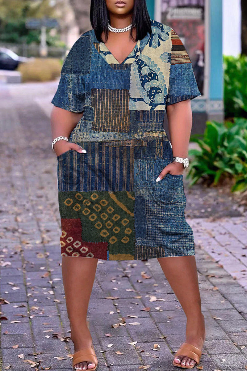 Xpluswear Plus Size Casual V Neck Short Sleeve Print Loose Midi Dress
