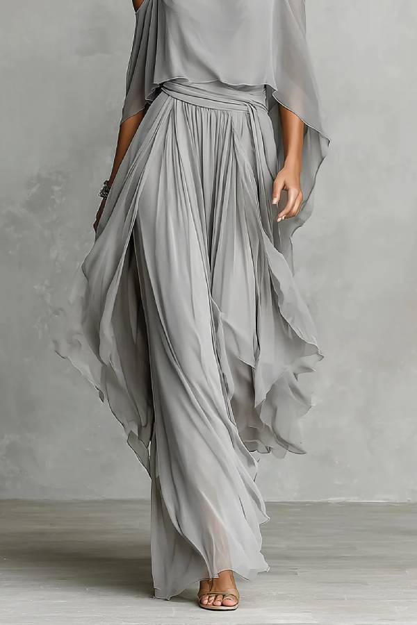 Silver Grey Cold-Shoulder Chiffon Top & Flowing Pants Set