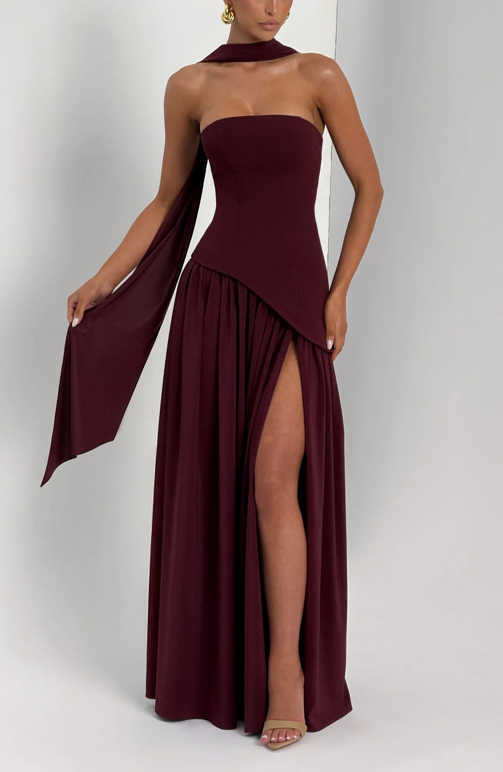 Burgundy Formal Dresses Collection: Off-Shoulder Satin Gown, Corset Mini Dress, Strapless Chiffon Maxi Dress, Lace Corset Satin Wedding Dress & Burgundy Formal Evening Gowns