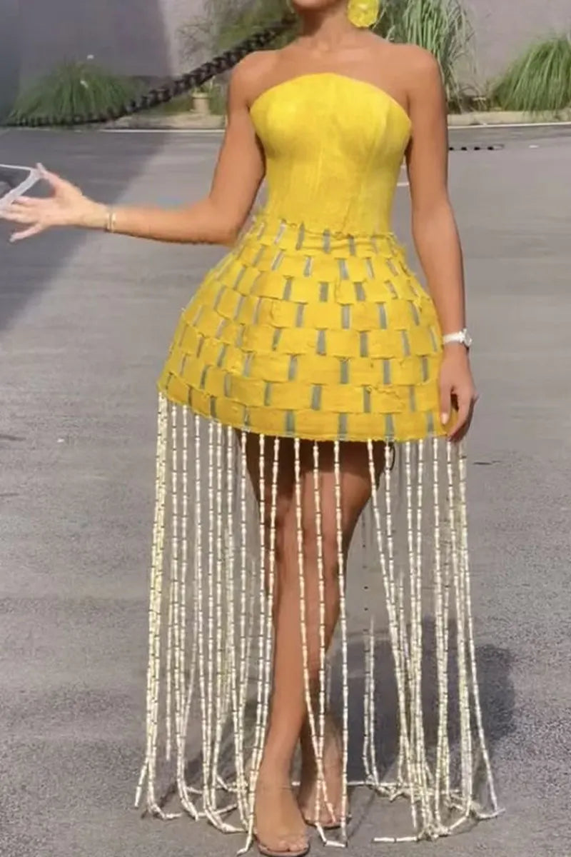 Women Strapless Corset Bodice Woven Basket Weave Skirt with Long Beaded Fringe Mini Dress