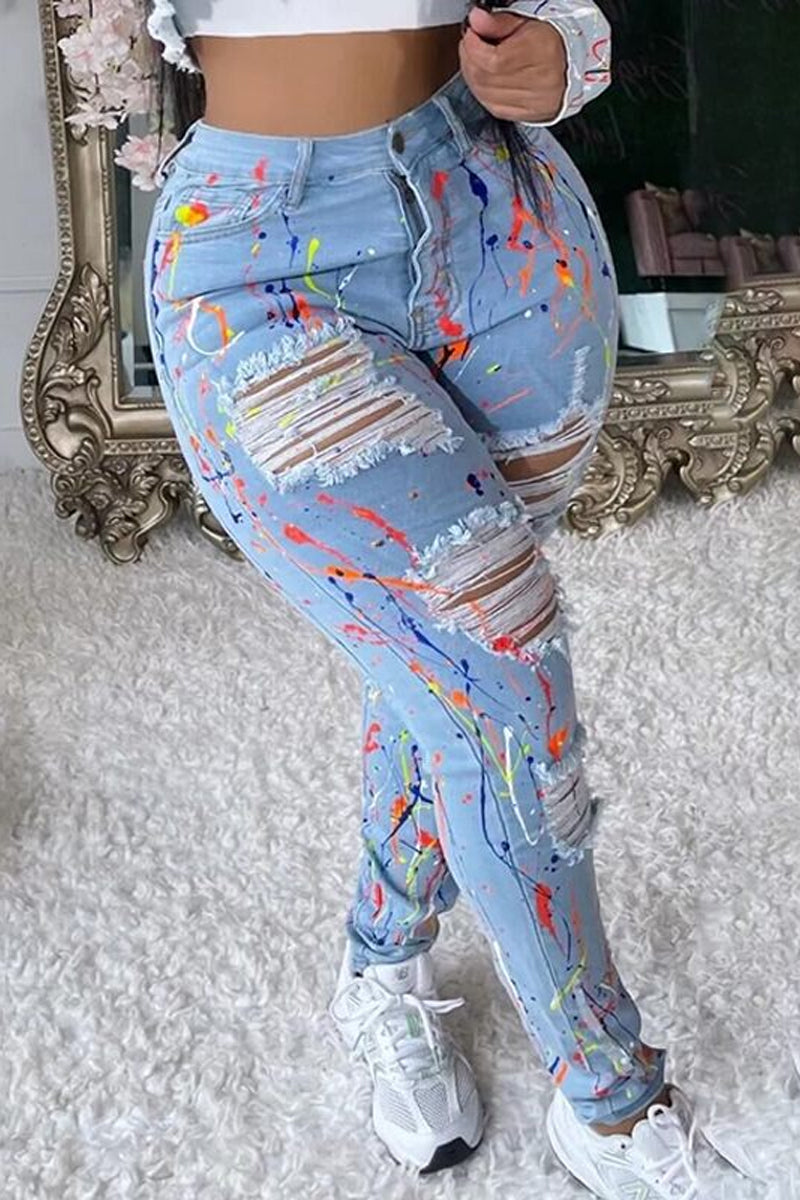 Ladies' Hot Selling Casual Printed Ripped Slim Fit Jeans