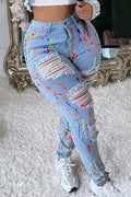 Ladies' Hot Selling Casual Printed Ripped Slim Fit Jeans