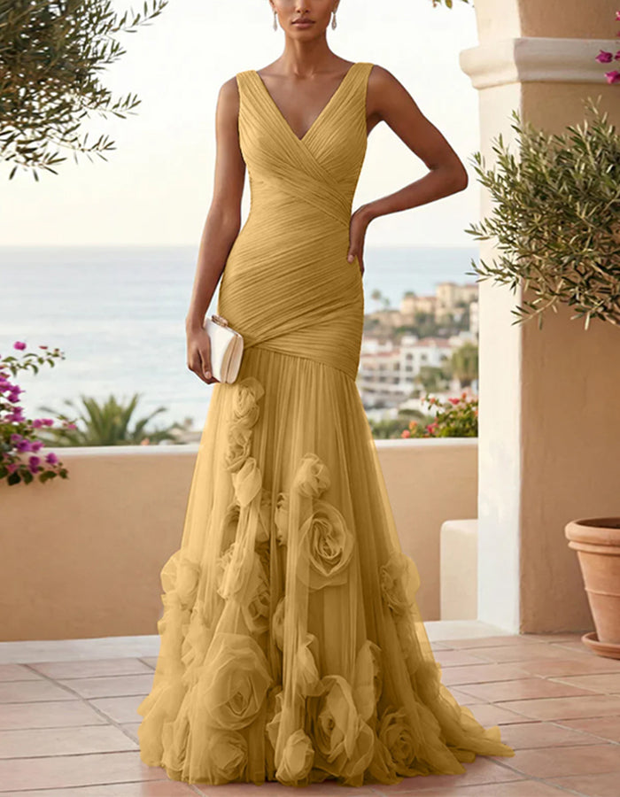 Solid Color V-neck 3D Rose Mesh Maxi Dress