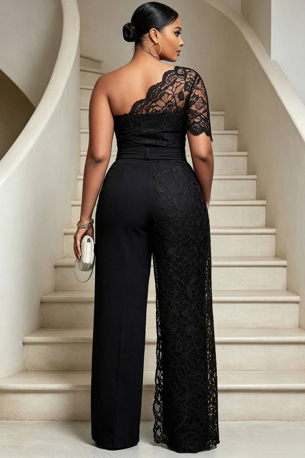Black One Shoulder Short Sleeve Contrast Lace Jumpsuits