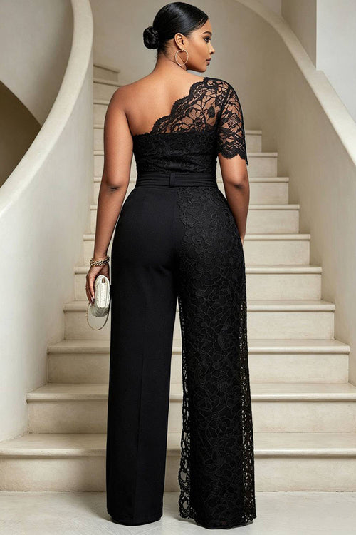 Black One Shoulder Short Sleeve Contrast Lace Jumpsuits