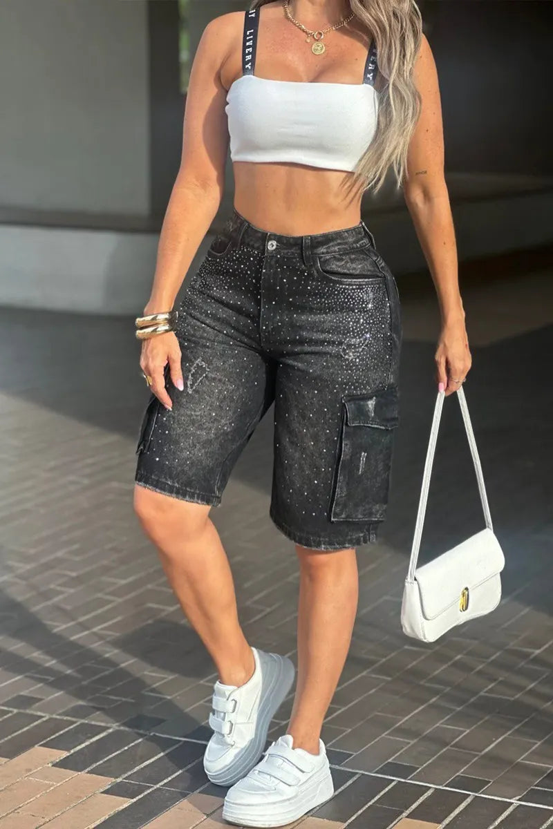 Women's Casual Rhinestone Cargo Cropped Jeans