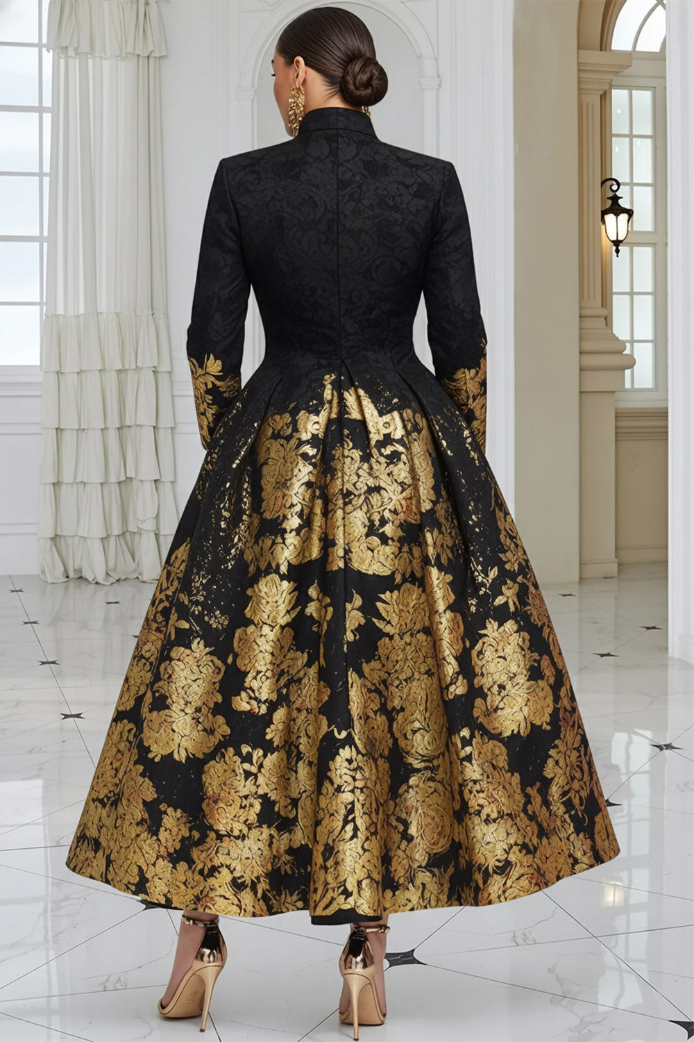 Churchs Black Graphic Long Sleeve Pocket Elegant Button Satin Maxi Dresses