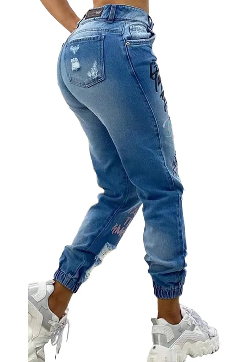 Distressed Skinny Jeans With Embroidered Lettering