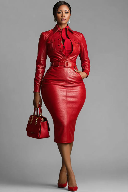 Business Casual Red Shirt Collar Long Sleeve Bodycon Elegant PU Leather Midi Dresses
