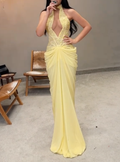 Black, Burgundy & Yellow Halter Lace Cutout Maxi Dress - Chiffon Drape Formal Evening Gown for Women