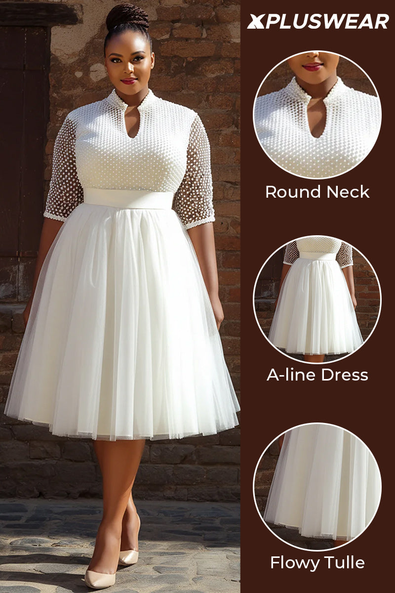 Wedding White Round Neck Short Sleeve See Through Tulle Midi Dresses