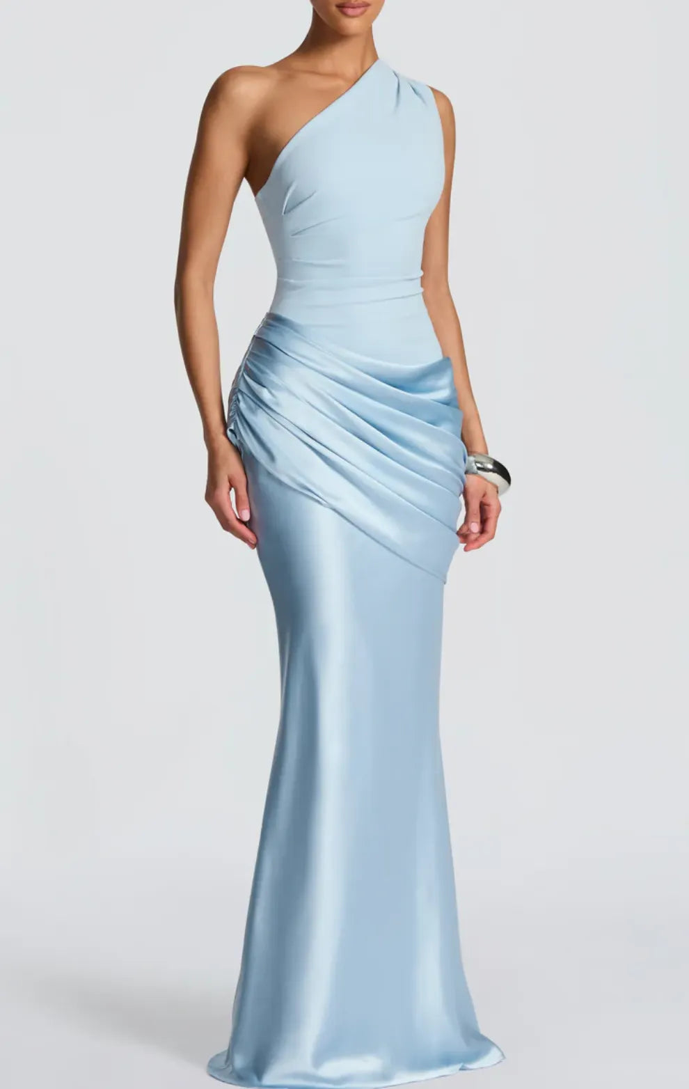Light Blue Satin Ruched Maxi Dress - Elegant Formal Evening Gown Collection