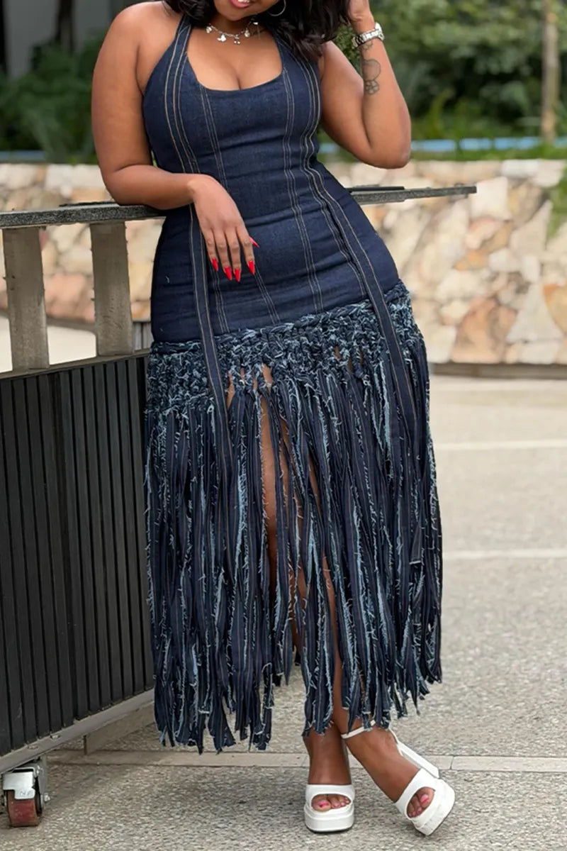 Women's Casual Denim Fringe Hem Halter Dress