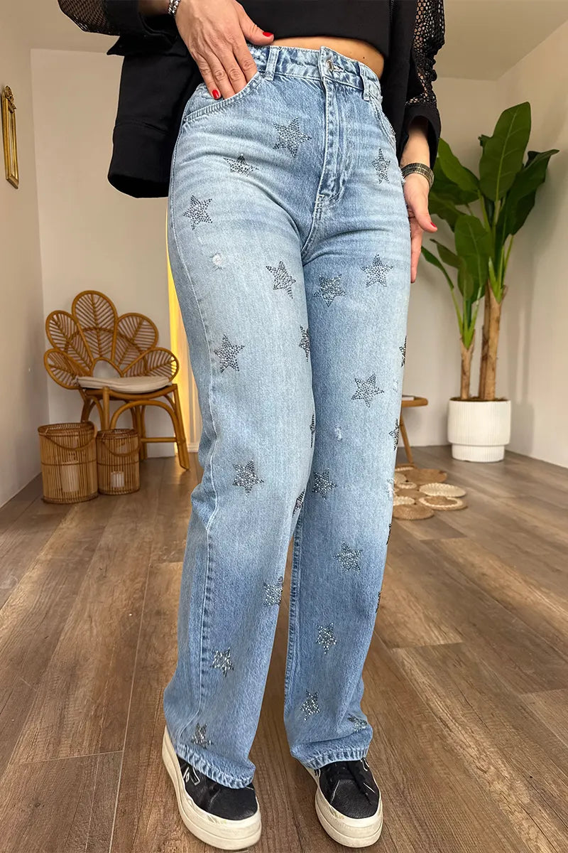 Women's Casual Loose Denim Pants with All-Over Sparkly Star Print