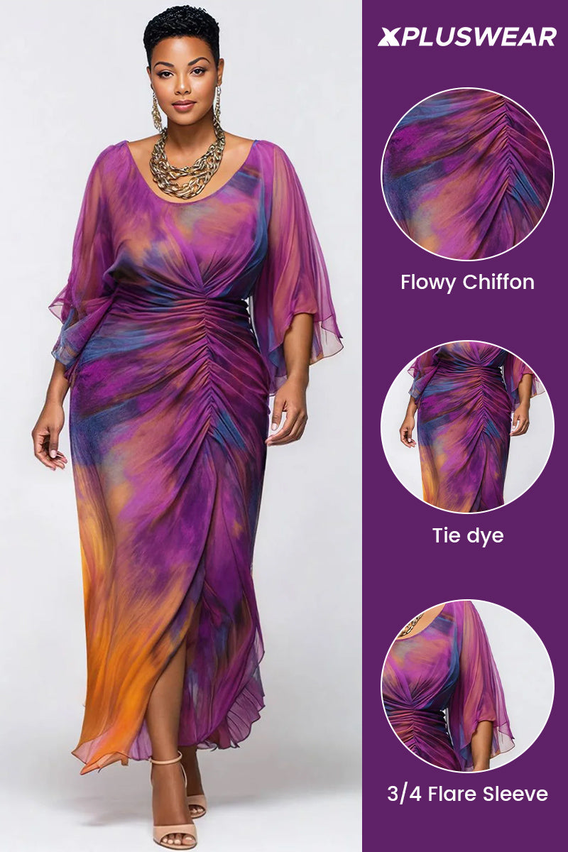 Cocktail Party Purple Tie Dye Round Neck Flare 3/4 Sleeve Ruched Chiffon Maxi Dresses