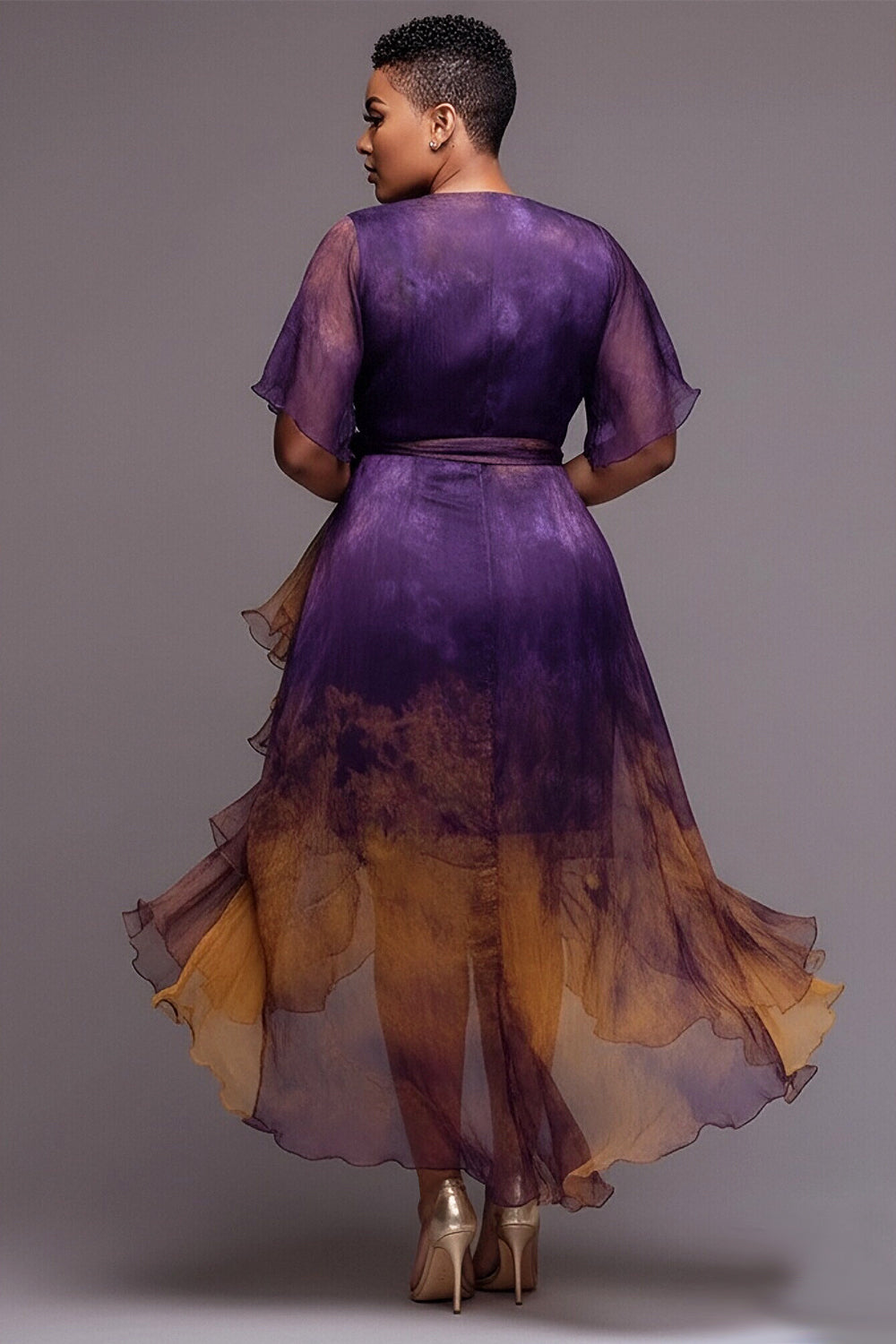 Cocktail Party Purple Gradient Wrap Neck Short Sleeve Ruffle Asymmetric Hem Chiffon Midi Dresses