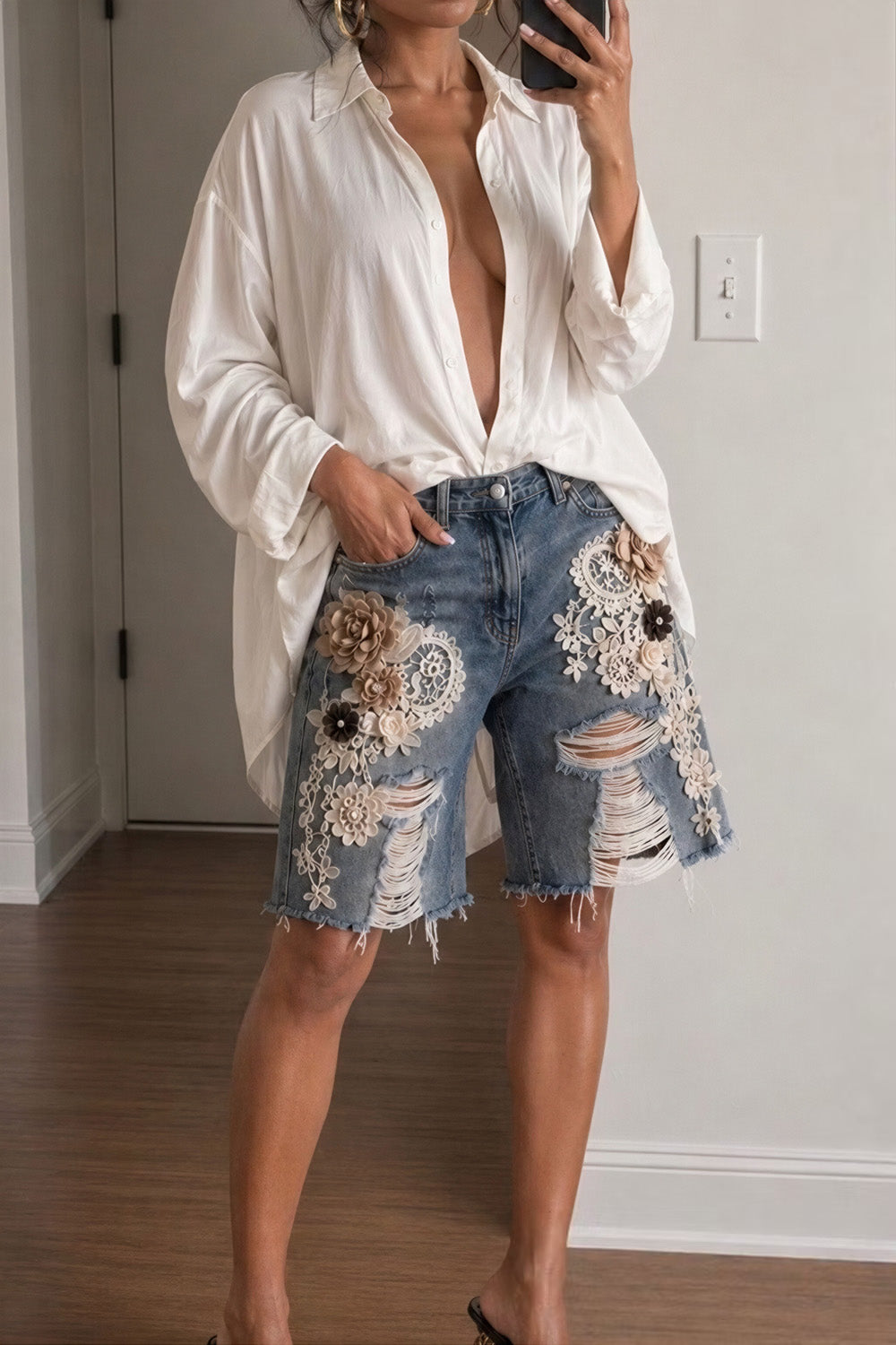 Plus Size Party Blue Ripped 3D Denim Jeans