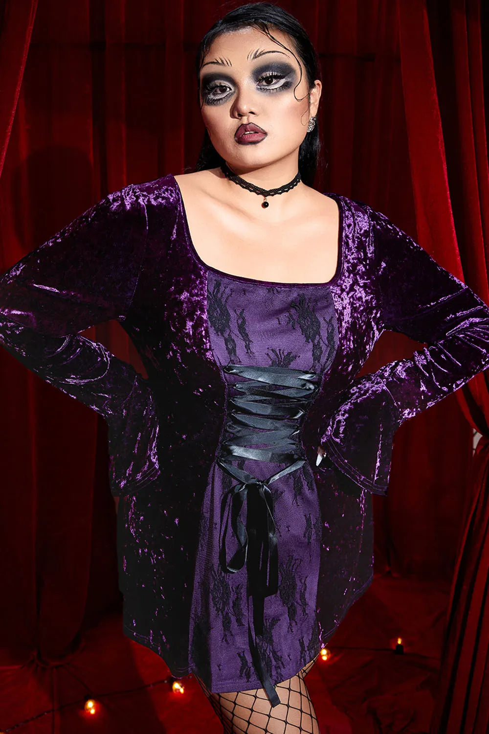 Halloween Costume Gothic Purple Velvet Square Neck Flare Sleeve Lace Up Mini Dress(Ships 24h)
