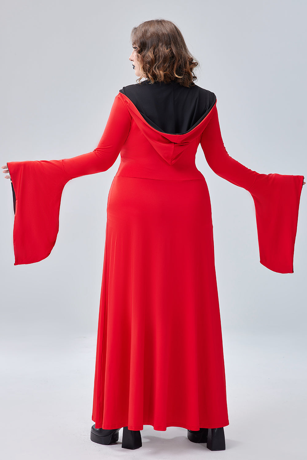 Halloween Costume Red Hooded Lace Up Witches Trumpet Sleeve Knitted Maxi Dress(Ships 24h)