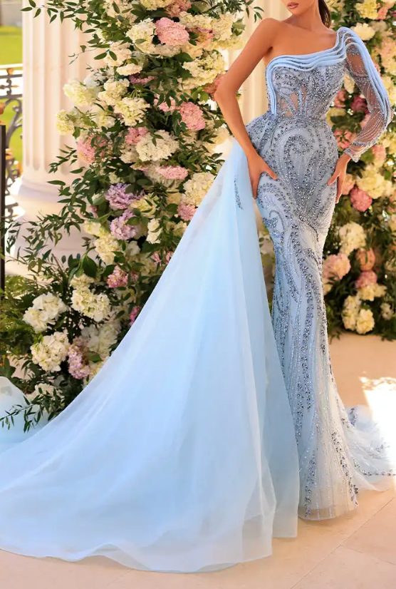Light Blue One-Shoulder Embellished Mermaid Gown with Overskirt Train