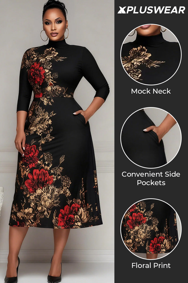 Business Casual Black Floral Round Neck Long Sleeve Pocket Elegant Midi Dresses