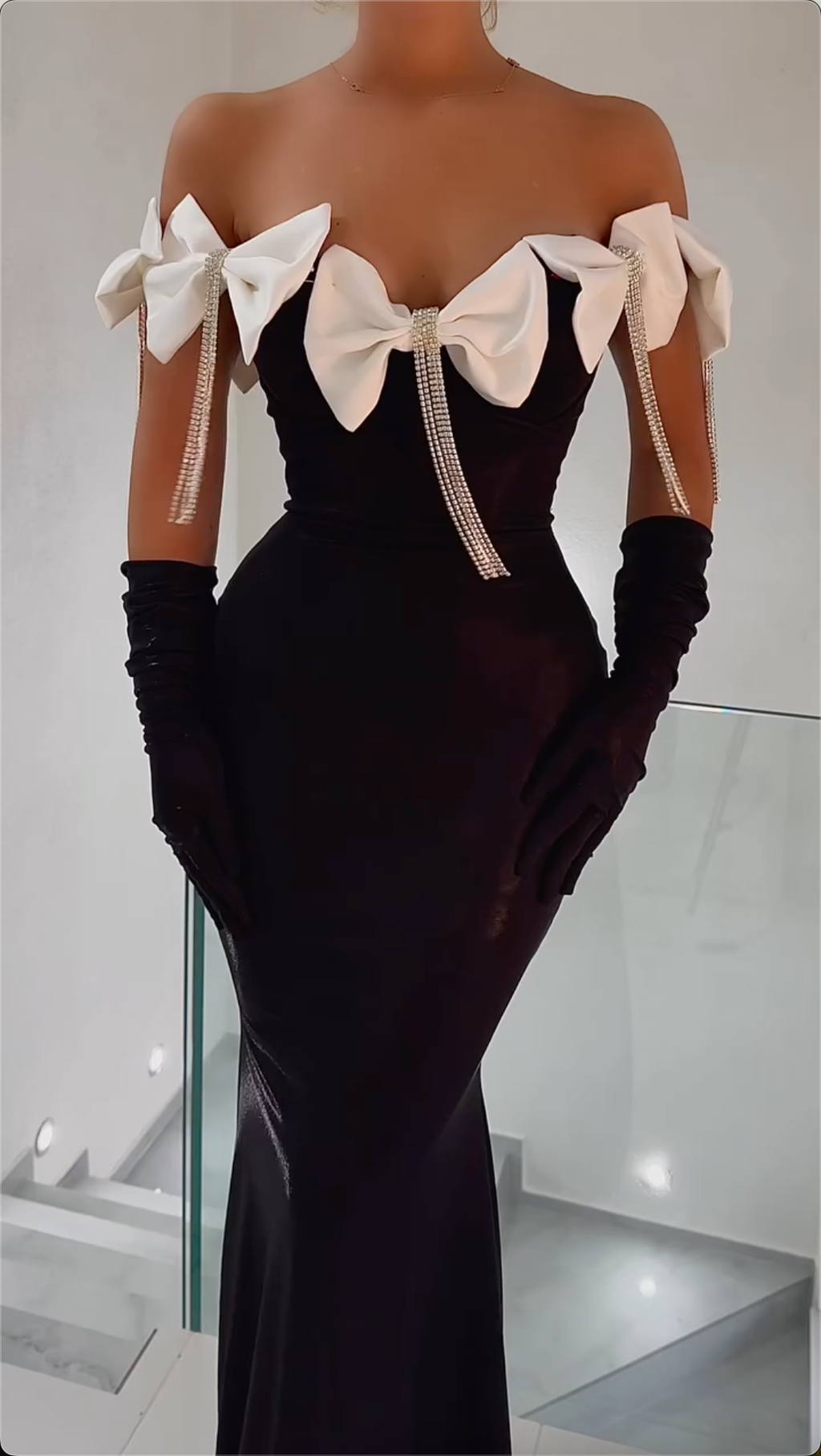 Glamorous Black Off-Shoulder Velvet Mermaid Maxi Dress with White Crystal Bow Details