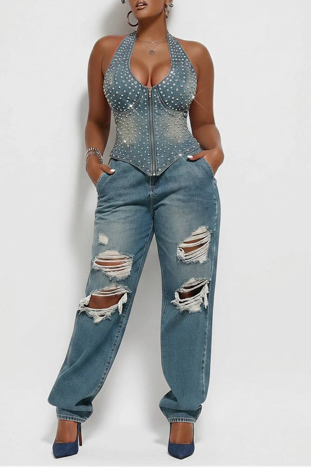 Xpluswear Design Plus Size Party Casual Light Blue V Neck Drilling Zipper Denim Tank Tops