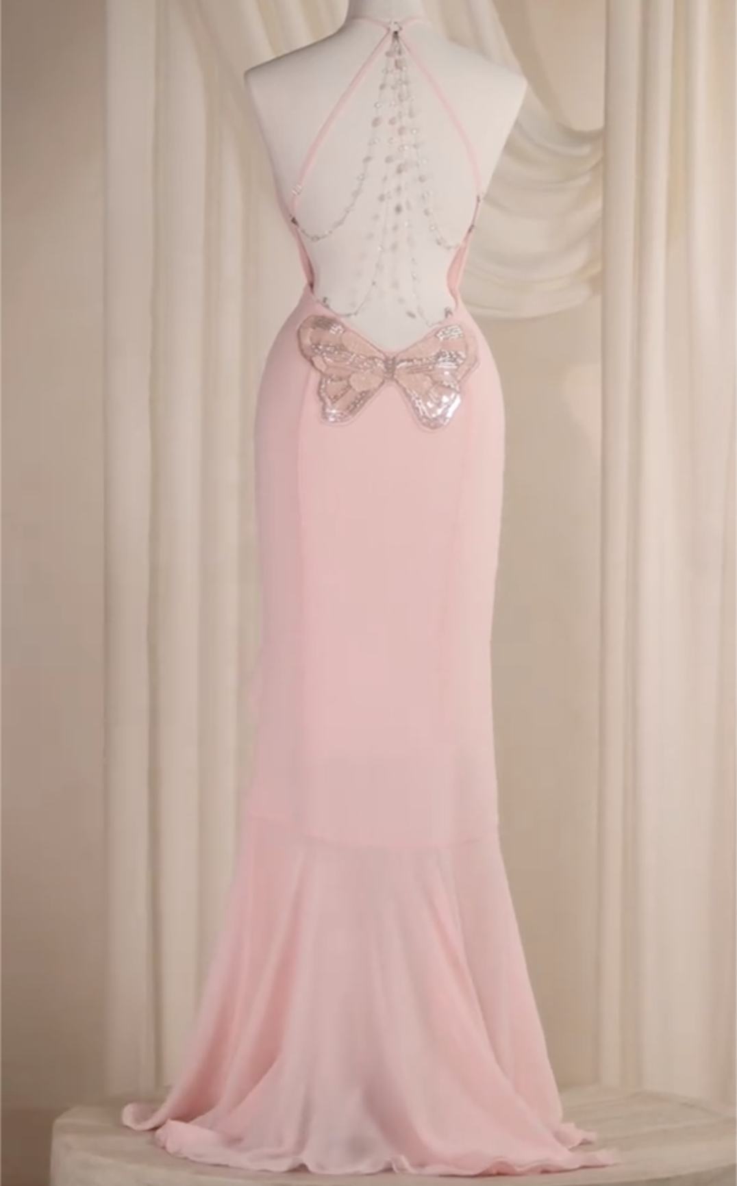 Pink Butterfly Beaded Halter Backless Chiffon Mermaid Maxi Dress