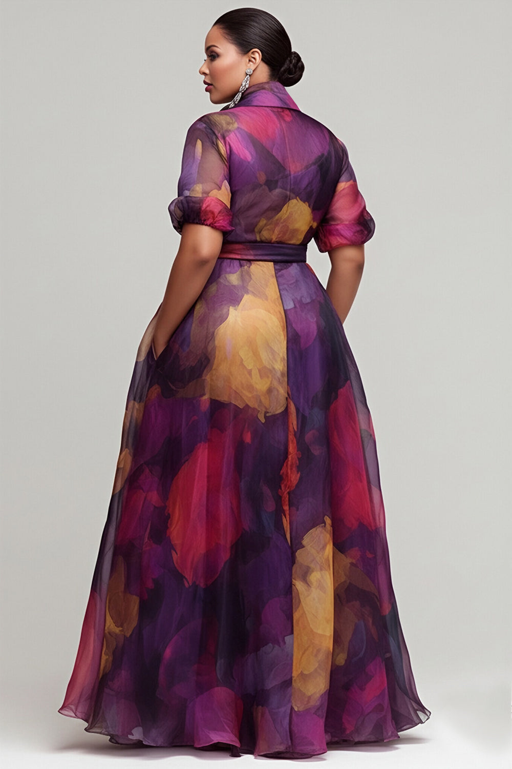 Purple Floral Short Sleeve Pocket Organza Maxi Dresses