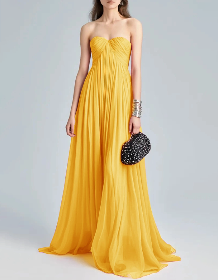 Strapless Pleated Chiffon Maxi Dress