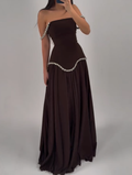 Dark Brown Rhinestone Off-Shoulder Maxi Dress with Fitted Bodice & Flowy Skirt