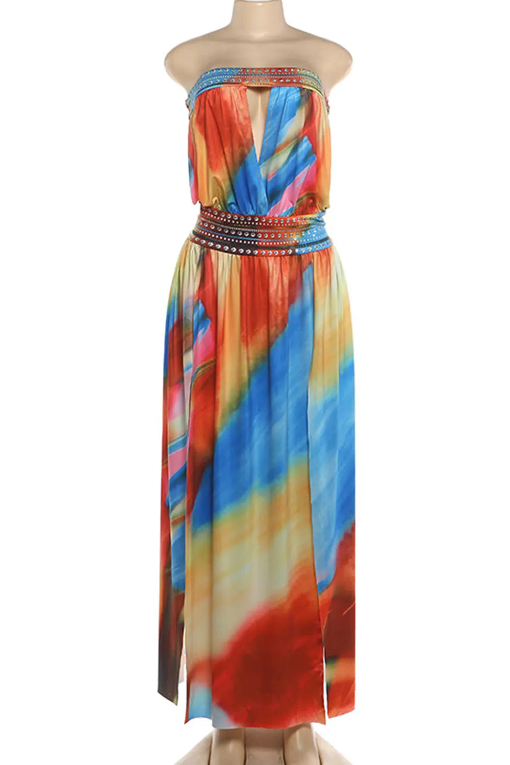 Tie Dye Print Strapless Cut Out High Slit Vacation Maxi Dresses-Multicolor