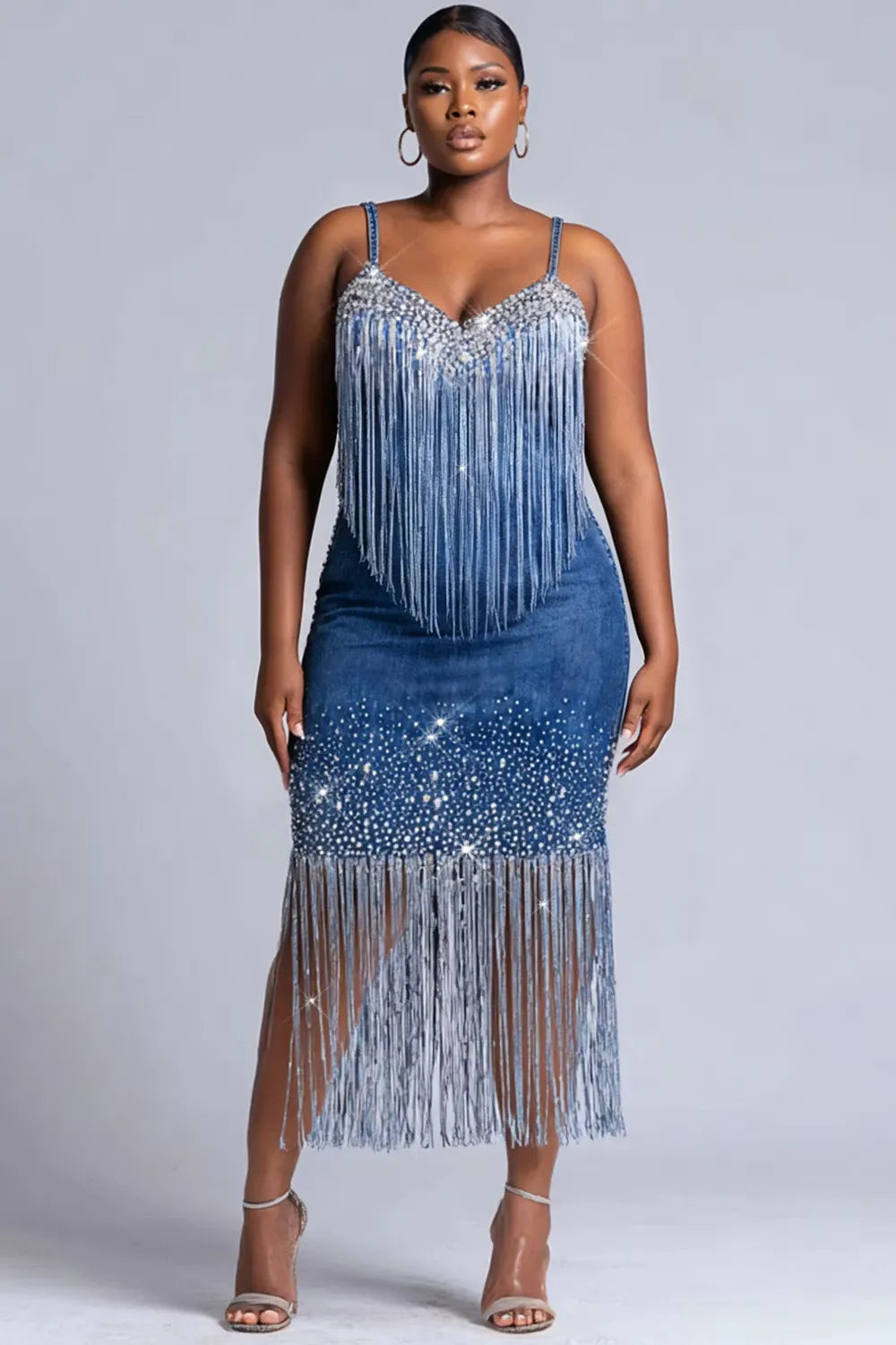 Xpluswear Design Plus Size Party Sexy Blue V Neck Strappy Drilling Tencel Denim Midi Dresses