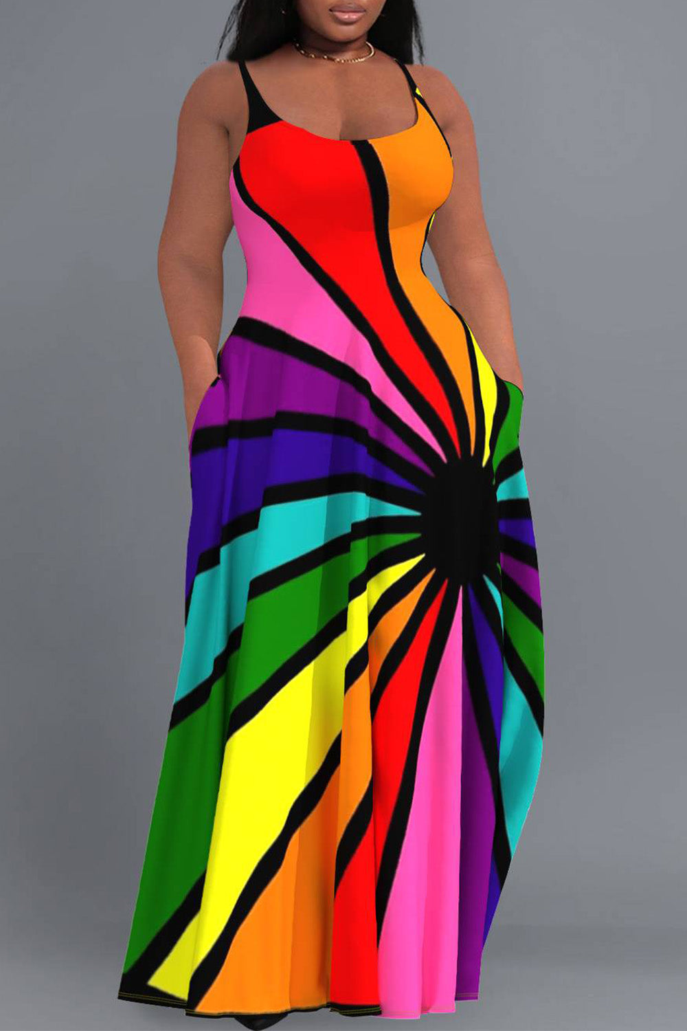Daily Rainbow Sundress Graphic Round Neck Pocket Maxi Dresses