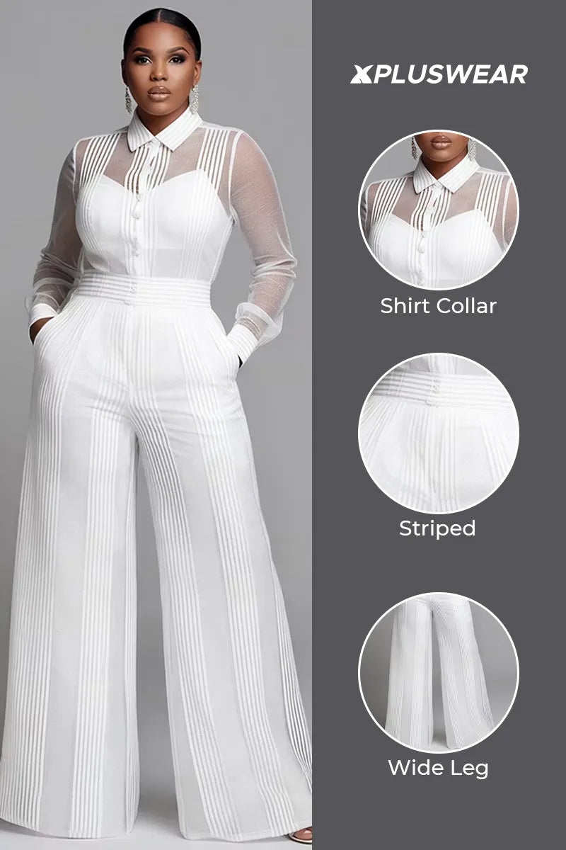 Business Casual White Striped Shirt Collar Long Sleeve See Through Wide Leg Two Piece Pant Sets