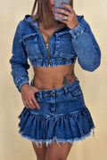 Women's Vintage Wash Hooded Jacket With Raw Hem Denim Skirt Sets