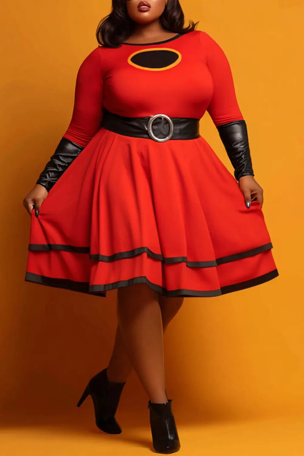 Halloween Red Round Neck Long Sleeve Ruffle Casual Contrast Mini Dresses