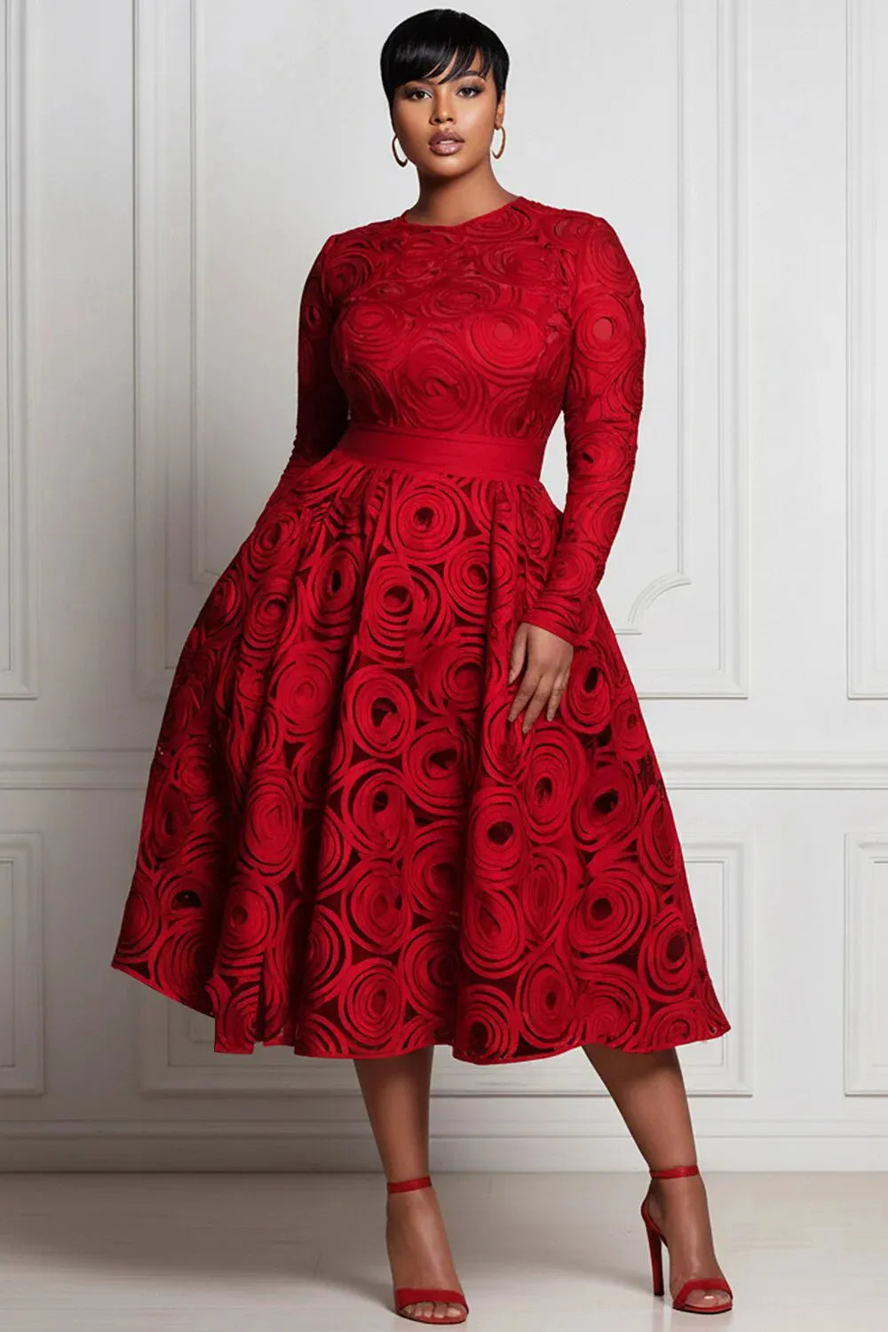 Red All Over Print Round Neck Long Sleeve Pocket Elegant Satin Midi Dresses